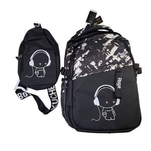 Asge Backpack Set Large Black Luminous Graphic USB Port Camo School Travel Bag